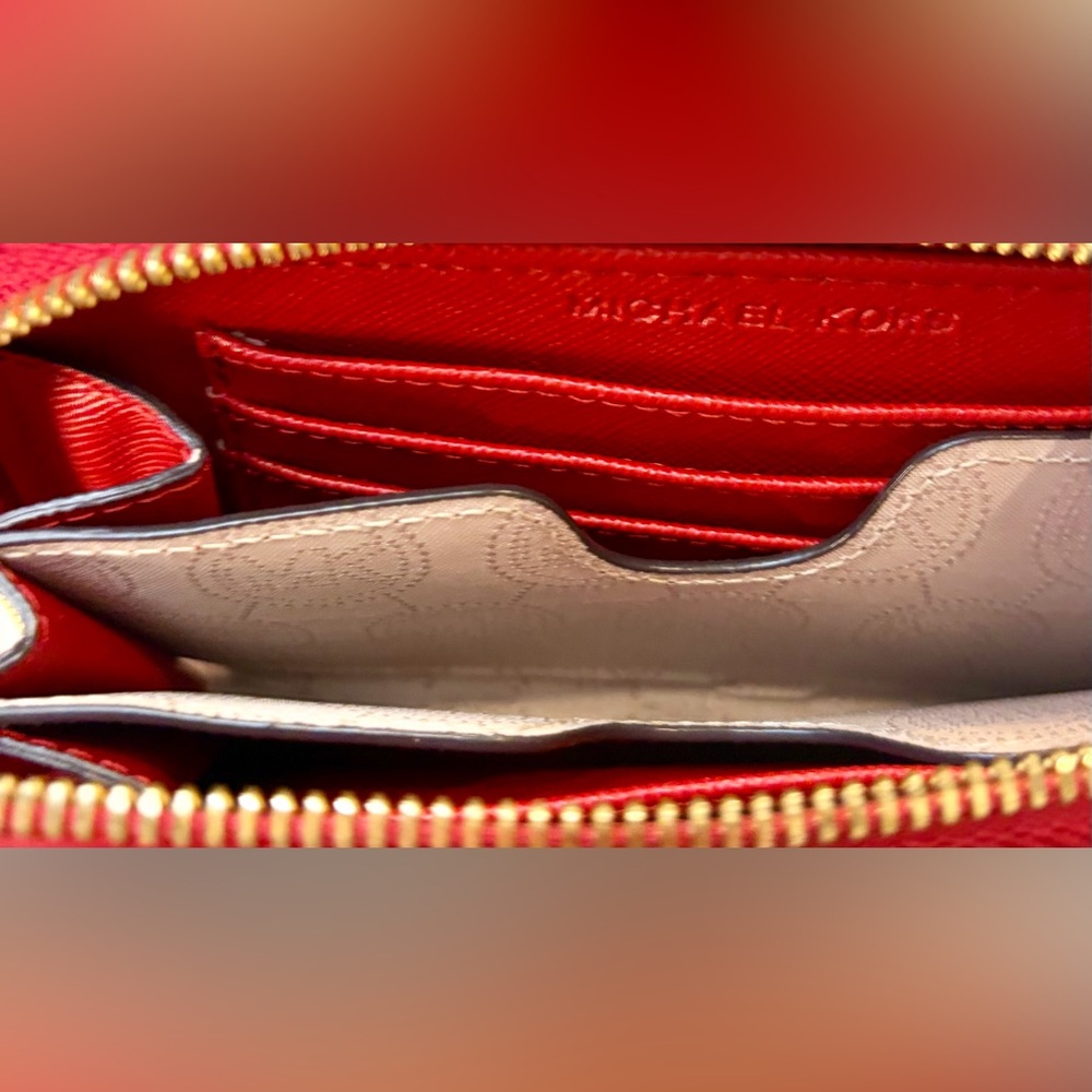 EUC! MICHAEL KORS Red Zip Wallet with Gold Chain Wristlet - Picture 15 of 15